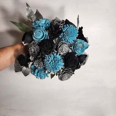 Turquoise Black Silver Rose Sola Wood Bridal Wedding Bouquet Accessories
