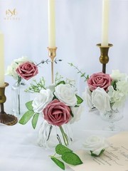 Artificial Flower 50pcs Real Looking Rose Fake Foam Roses with 50Pcs White