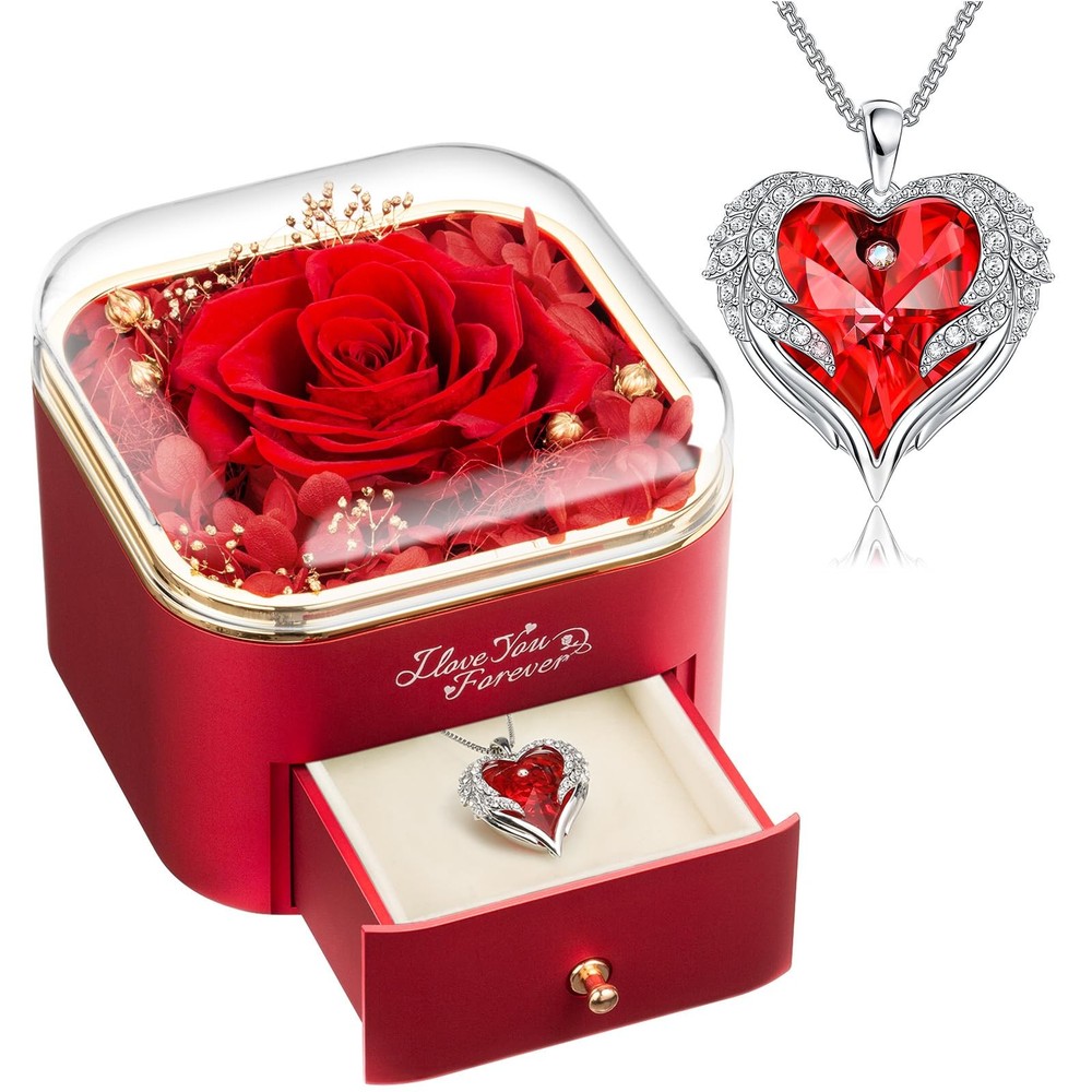 NEWNOVE Gifts for Her, Preserved Real Red Rose with Angle Wings 2-red