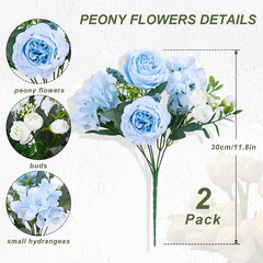 2 Packs Peonies Artificial Flowers, Blue Artificial Peonies, Silk Peonies Flower