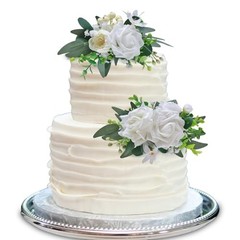 2Pcs Cake Topper Set, Artificial Flowers Decor White Green Cake White & Green