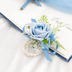 Light Blue Corsage and Boutonniere Set for Wedding Prom, Artificial Rose Babysbr