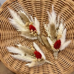 Dried Flower Boutonnieres Red & Ivory For Men Lot Of 3 Wedding Grooms