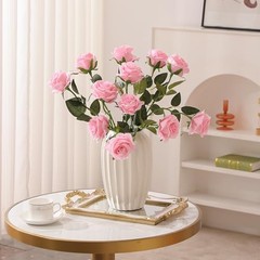 12PCS Artificial Silk Flowers Realistic Roses Bouquet Long 12Pcs Flowers Pink