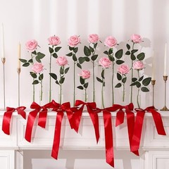 12PCS Artificial Silk Flowers Realistic Roses Bouquet Long 12Pcs Flowers Pink