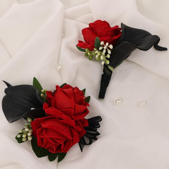 Red Rose Corsage and Black Calla Lily Boutonniere Set for Weddings and Prom