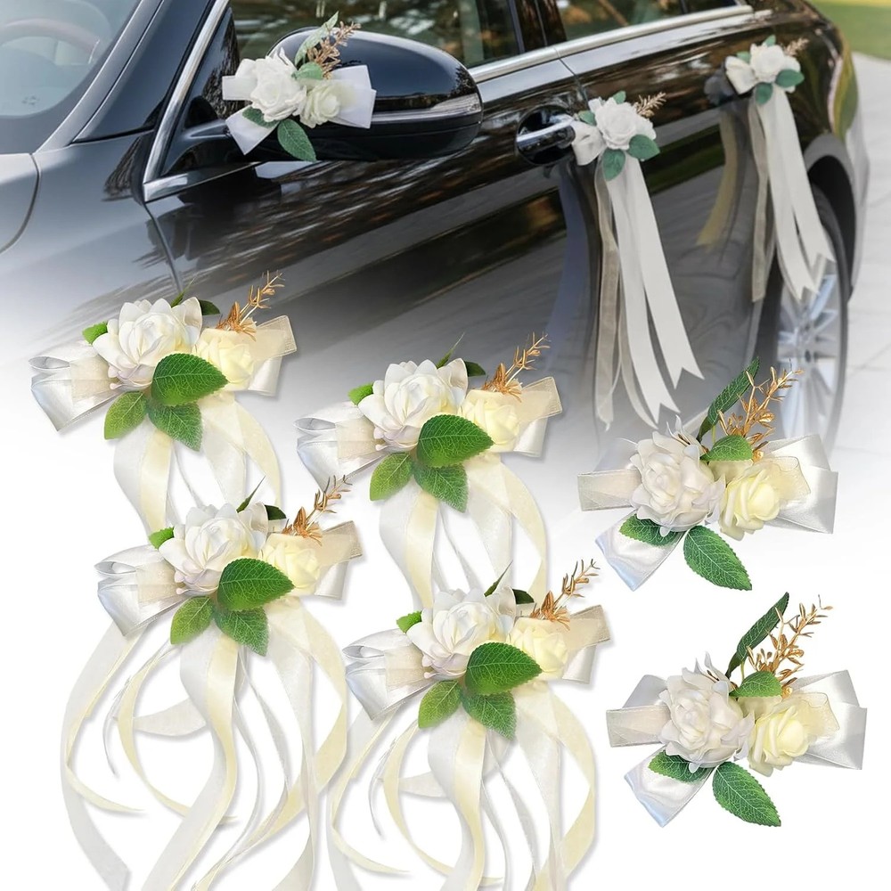 6 Pcs Ivory & White Rose Wedding Car Decoration Kit – Bouquet Door Handle & Rear