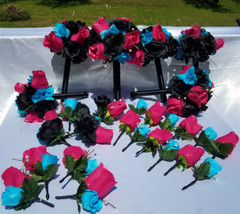 Wedding Bouquet Set – Black, Bright Pink, Turquoise Rose Flowers – 26 pieces