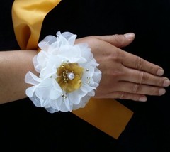 Wedding White Gold Flower Wrist Corsage, Prom, Homecoming, Military Ball,Boda,
