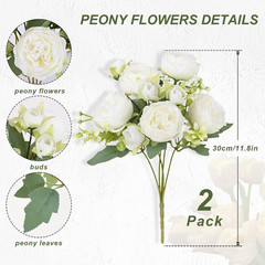 2 Packs Peonies Artificial Flowers, White Artificial Peonies, Silk Peonies Flowe