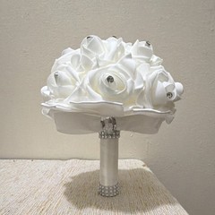 Artificial Silk White Rose Wedding Bouquet with Rhinestone Accents
