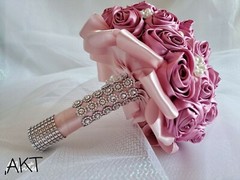 Bridal Bouquets Pink Satin Ribbon Roses, Crystal Brooches, Cream Pearl