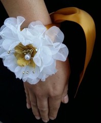 Wedding White Gold Flower Wrist Corsage, Prom, Homecoming, Military Ball,Boda,