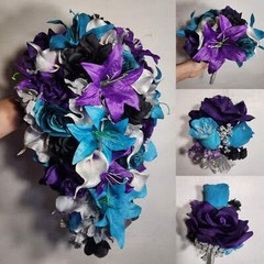 Purple Black Teal Silver Rose Calla Lily Bridal Wedding Bouquet Accessories