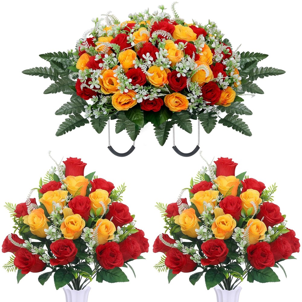 LOSFOTBO 3pcs Headstone Flowers Saddle for Tombstone,Cemetery Red Yellow