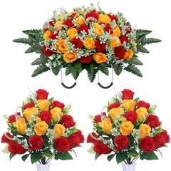 LOSFOTBO 3pcs Headstone Flowers Saddle for Tombstone,Cemetery Red Yellow