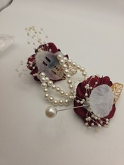 2Pcs Burgundy Rose Corsage and Boutonniere Set, Artificial Wrist Corsage Wristle