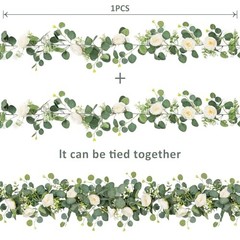 2 Pack 13Ft Artificial Eucalyptus Flower Garland with Roses, Fake 2PCS White