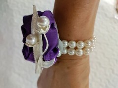 Wedding Bride Prom Wrist Corsage Bracelet Flower Bridesmaid Purple Satin Pearls