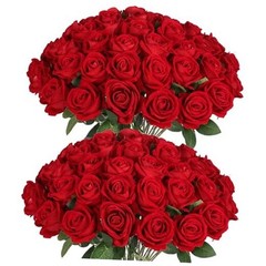 50 PCS Fake Roses, Artificial Flowers Bulk Realistic Silk Faux Rose 50 Pcs Red