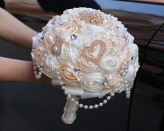 Ivory and Champagne Bridal Wedding Bouquet with Rhinestone Brooch Pearl Strin…