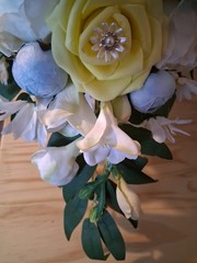 Bouquet and Boutonniere, Yellow, Light Blue, White,Bling, 2pc set