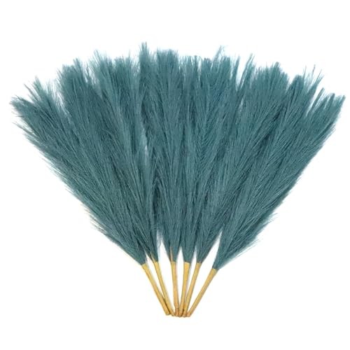 Faux Pampas Grass Decor 18-Inch Short 6 Stems Dried Flowers Peacock Teal Blue