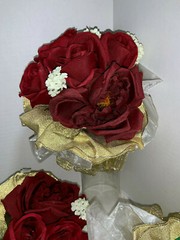 LOT OF 8 SILK Red Rose Wedding Bouquets with Gold Wired Ribbon & Gold & Shiny
