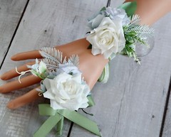 Wedding Wrist Corsage & Boutonniere Artificial Rose White/Blue/Green