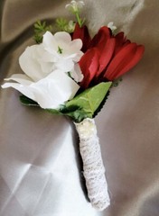 Red Chrysanthemum and White Roses Bride Bouquet and Groom boutonnière Set