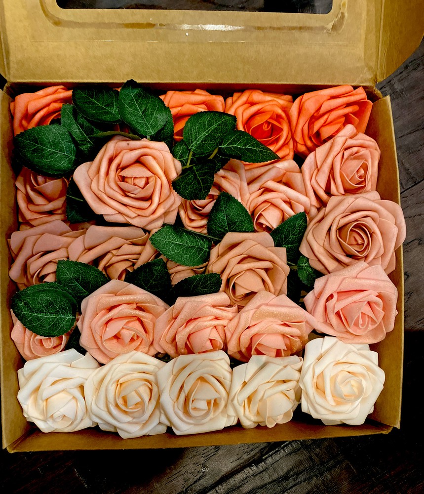 25-50 Pcs Foam Artificial Rose Heads Flowers W/Stem Wedding Bride Bouquet Decors
