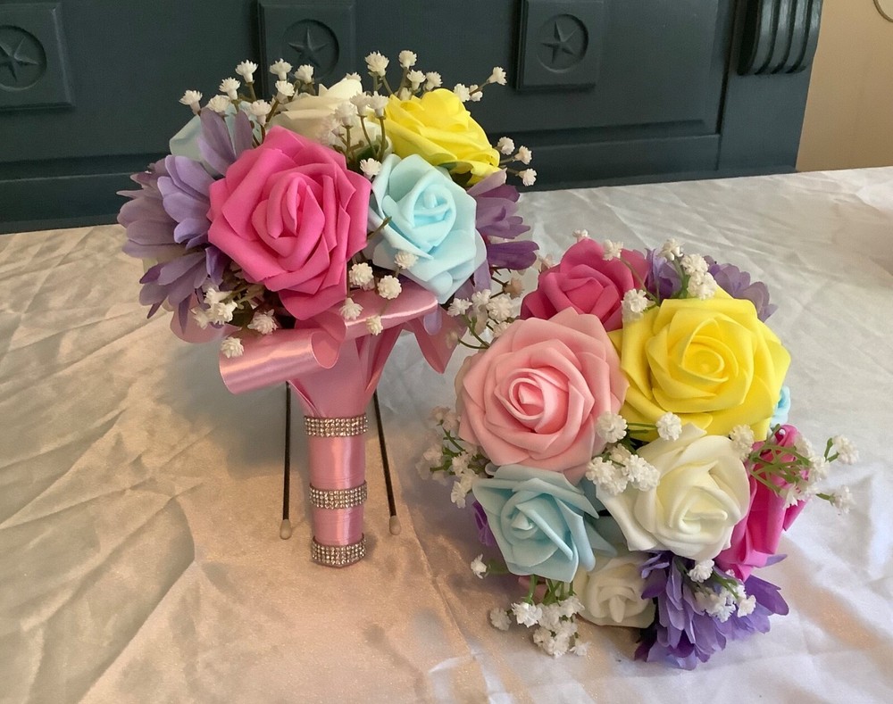Set of 2 multi color rose and baby’s breath wedding bouquets