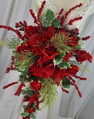 Red Berry and Amaryllis, Rose Cascade Faux Silk Wedding Bouquet