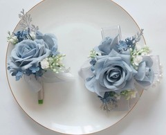 MAFELOE Wrist Corsage and Boutonniere Set Artificial Rose Flowers Blue