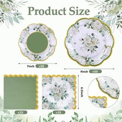 150 Pcs Sage Green Bridal Shower Decorations,Floral Paper Plates and Napkins Set