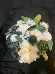 Hunter Green, Ivory and some white. Bridal bouquet with matching boutonnière.