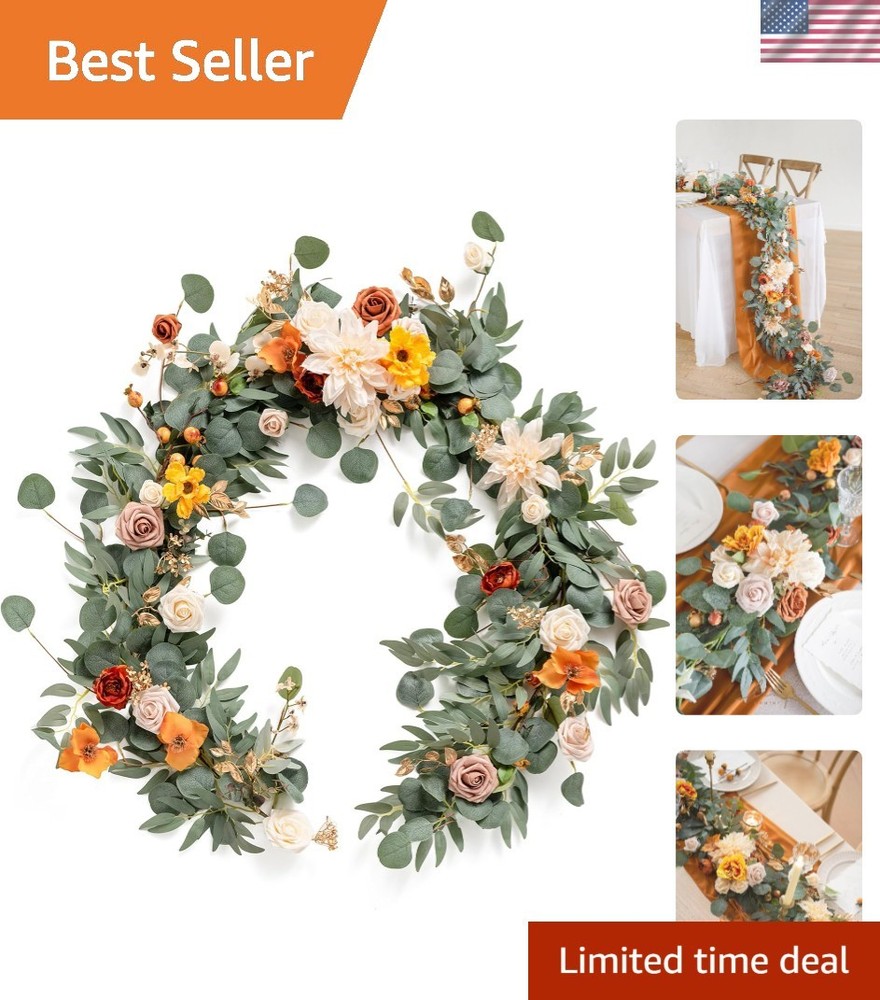 Flower Garland, 6FT Eucalyptus & Rose Terracotta & Orange 02 | Artificial Flo…