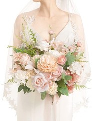 Elegant Blush Pink Wedding Bouquets Bride Silk Roses Gardenia 15 Inch Free Form