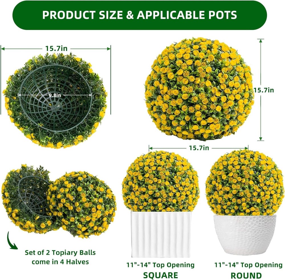 2-Pack Artificial Flower Ball Topiary,UV Resistant, Wedding Garden Decor, Yellow