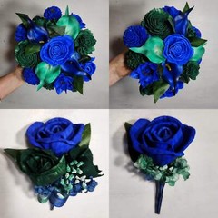 Royal Blue Hunter Green Rose Calla Lily Sola Bridal Wedding Bouquet Accessories