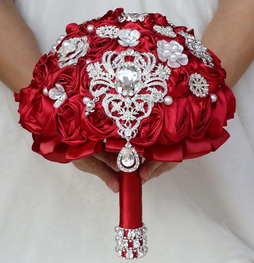 Bridal Wedding Bouquet Round Bling Brooch Bouquet Artificial Rose Flower Bunc…