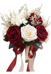 Wedding Bouquet Artificial Rose Burgundy White Ribbon Lace 10.2″x8.6″ S
