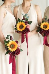 Ling’s Moment Set of 6 Sunflower and Burgundy Bridesmaid Bouquet Wedding Bouq…