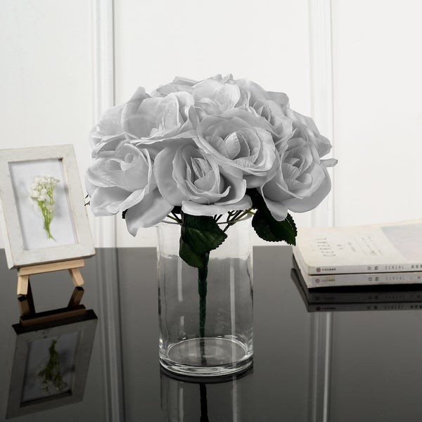 SILVER 12″ tall Velvet Roses ARTIFICIAL FLOWERS Bouquet Wedding Home Decorations