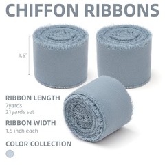 3 Rolls Handmade Chiffon Ribbon,1.5″ x 21Yd Frayed Fringe Silk Dusty Blue