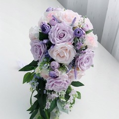 Cascading Wedding Bridal Bouquet Waterfall Artificial Purple Rose Holding Flower