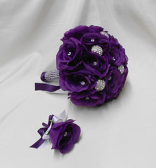 Wedding Silk Flower Bridal Bouquet 2 pieces Bride Groom Purple Eggplant Brooch
