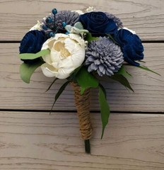 Navy Gray Sola Wood Flower Bridal Cascade Bouquet Wedding Artificial Bridesmaid