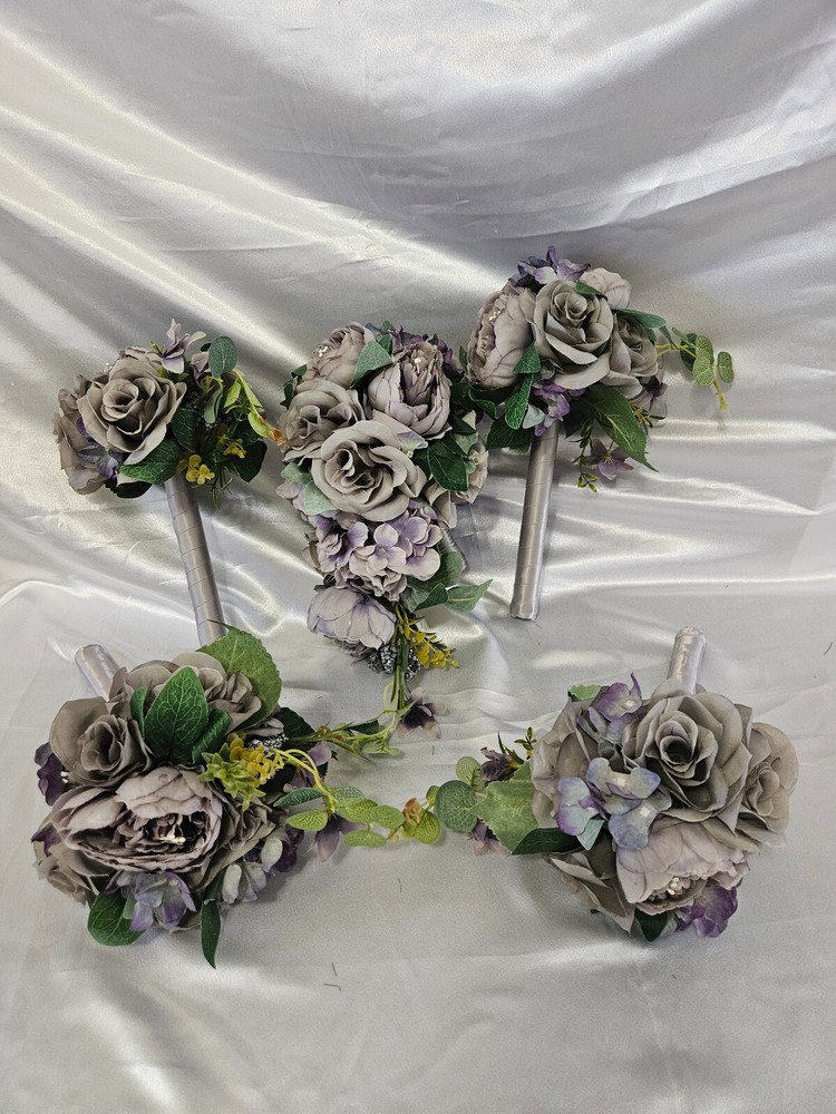 Vintage Style Wedding Set, Purple Wedding Bouquet Package, 5 Pc