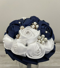 Blue White Bridal Bouquet Crystal Pearl Silk Roses Flower Wedding Holding Decor
